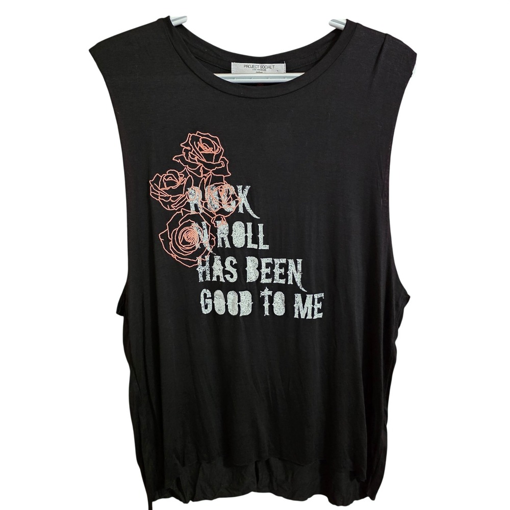 Project Social T Rock N Roll Muscle Tank Black Graphic Rose Grunge NWT Medium